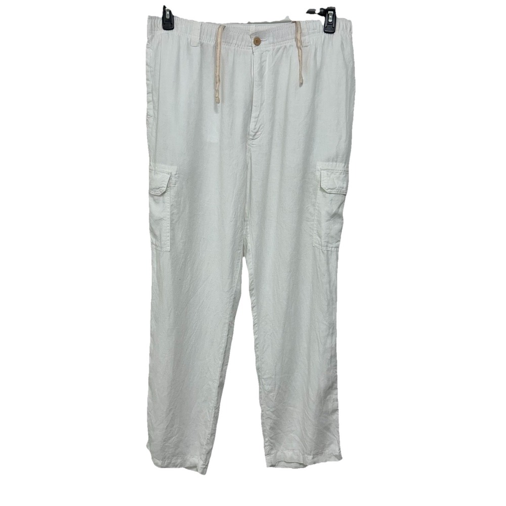 Caribbean Pants Mens 42X32 White Linen Cargo‎ Drawstring Elastic Stretch Lounge